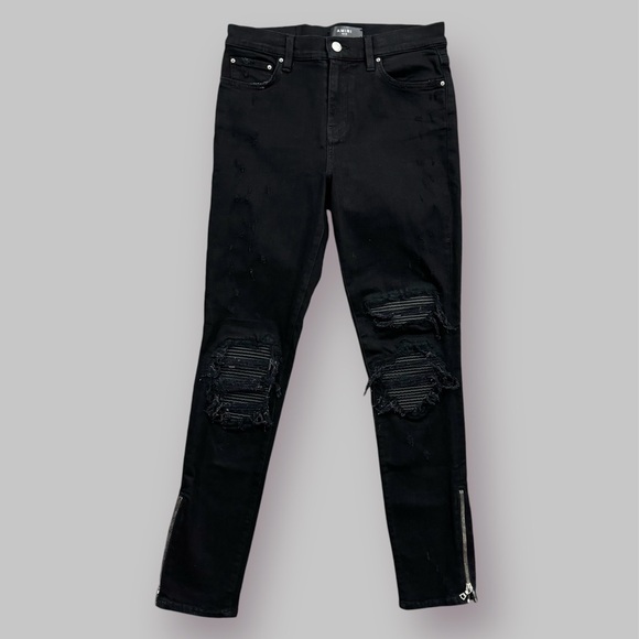 AMIRI Womens Black MX1 Moto Edgy Ripped Leather Patch Zipper Hem Skinny Jeans